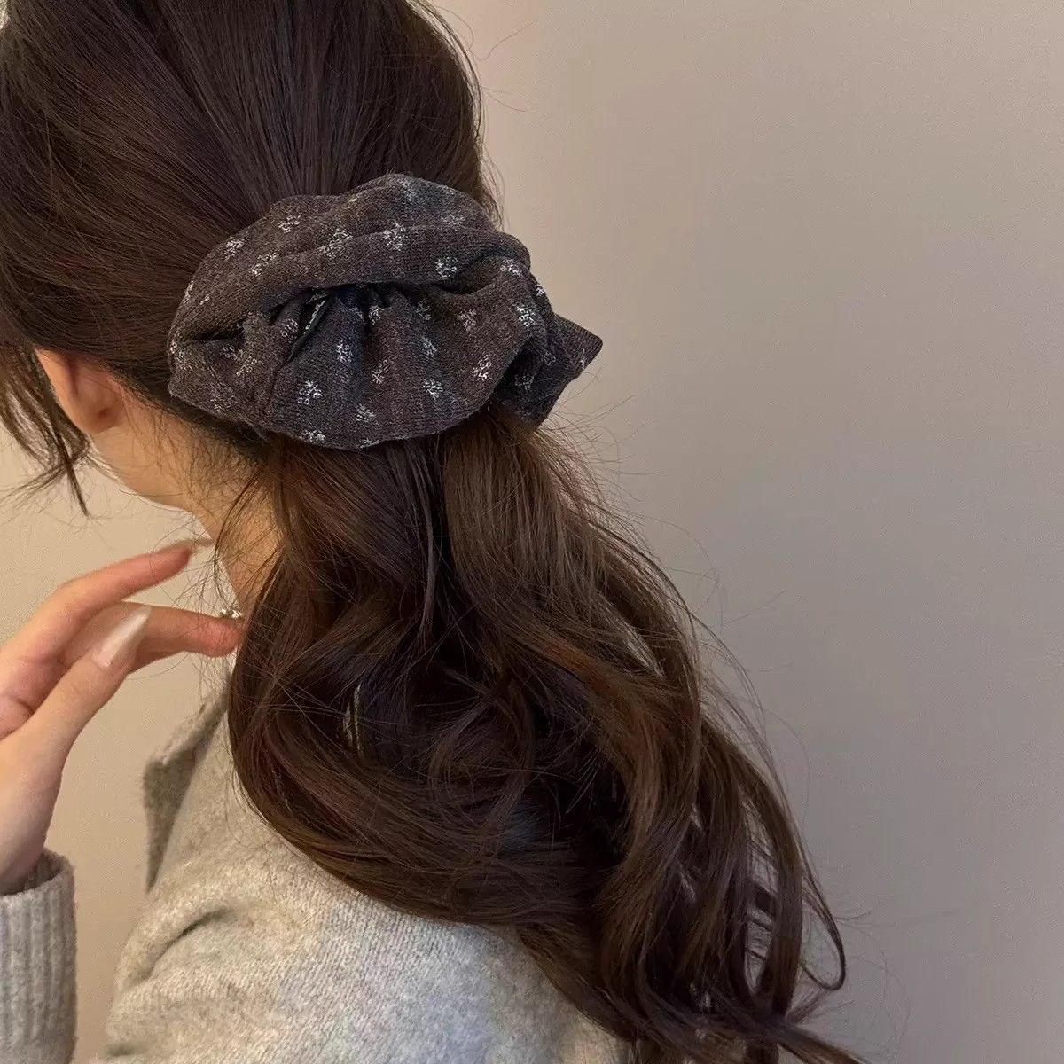 Fall/Winter Vintage Floral Knit Scrunchie – Large Ponytail Tie - IG037