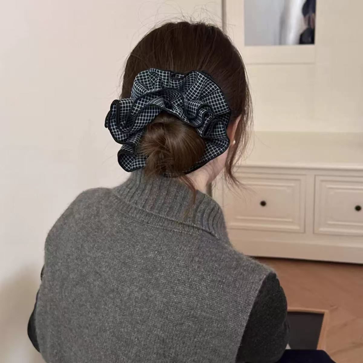 Cotton Houndstooth Double Layer Scrunchie – Fall/Winter Hair Accessory - IGC007