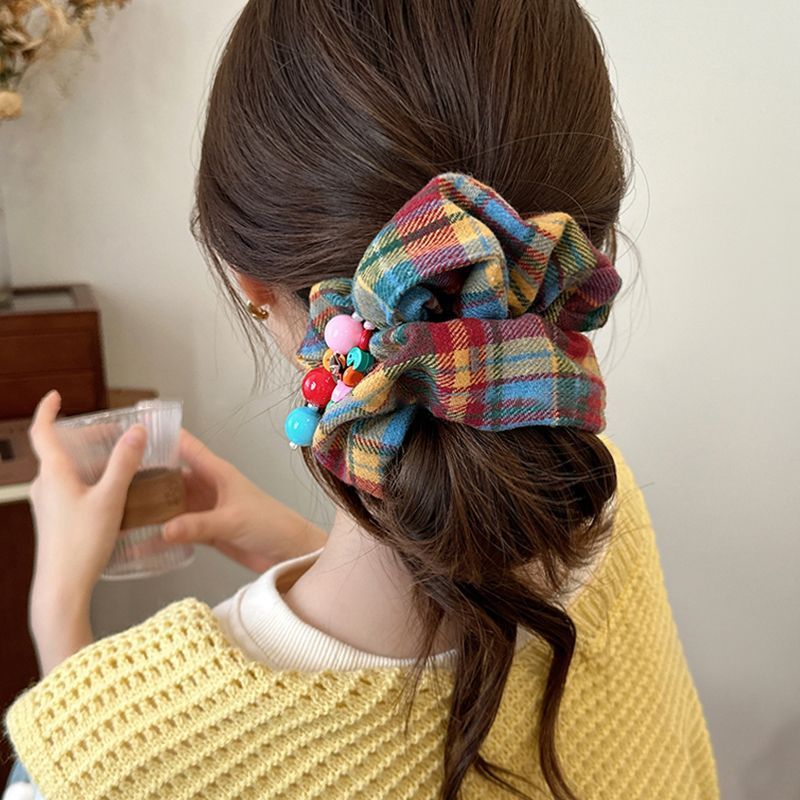 Regenbogen-Karo-Scrunchie – Haargummi mit hoher Elastizität – Video gleicher Stil IG012