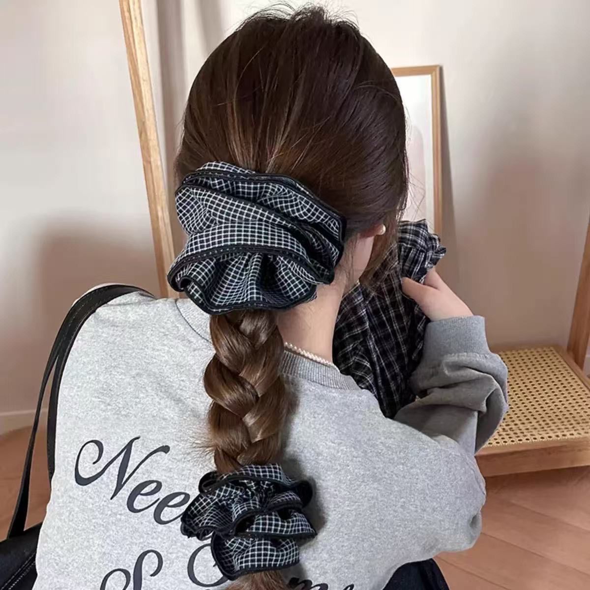Cotton Houndstooth Double Layer Scrunchie – Fall/Winter Hair Accessory - IGC007