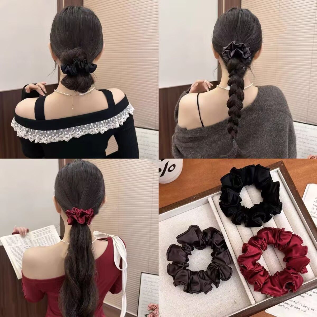 Satin-Schleifen-Scrunchie – Schwarzes Zopfgummi - IG039
