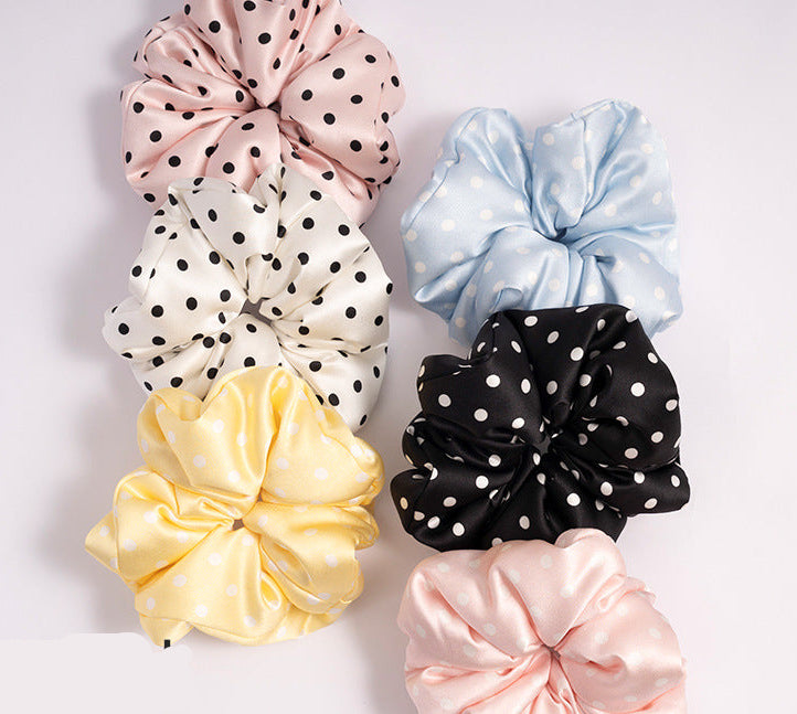 Retro polka - dot 100% silk scrunchies in black, white, blue, pink, and yellow-2