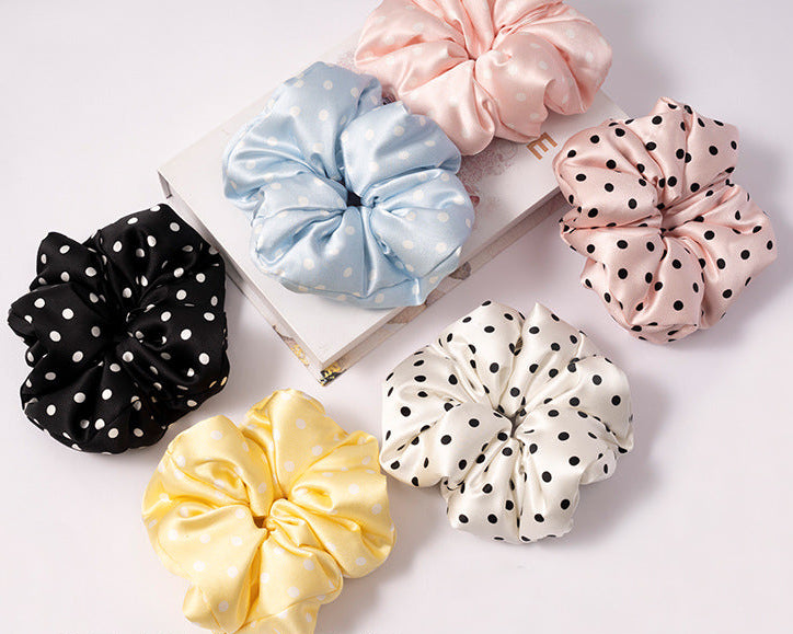 Retro polka - dot 100% silk scrunchies in black, white, blue, pink, and yellow