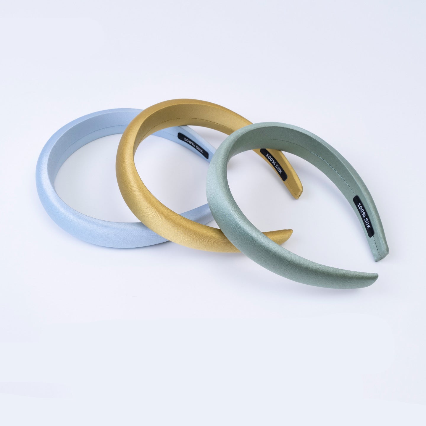 Soft blue, golden, and sage - green 100% silk headbands