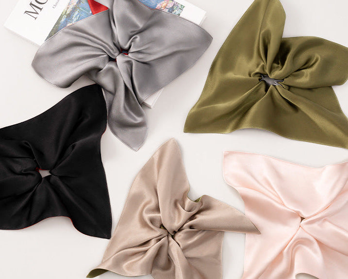 Black, gray, and beige 100% silk square - scarf hair ties-5