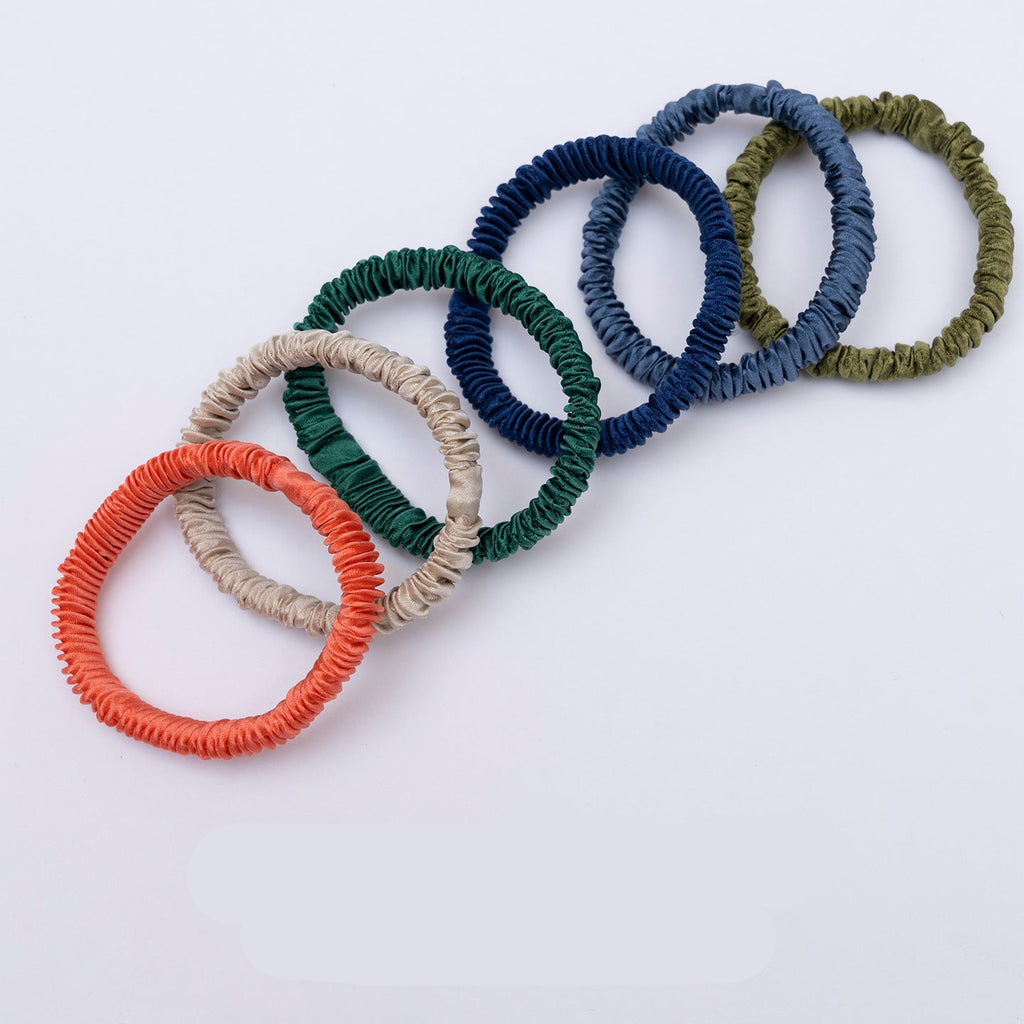 Beige, light blue, pale yellow, off - white, mint green, and red 100% silk scrunchies-4
