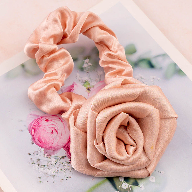 Lavender, light pink, and beige silk rose - shaped scrunchies-8