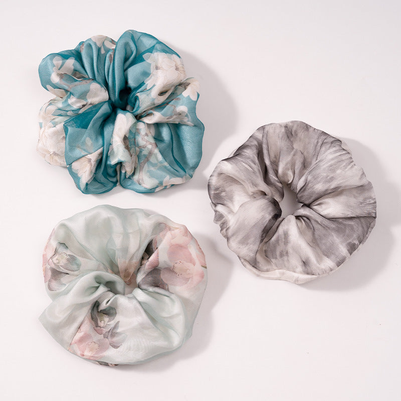 Blue - green, minty, and gray - white 100% silk scrunchies