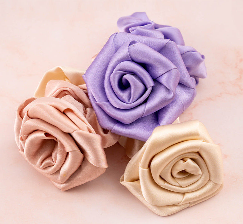 Lavender, light pink, and beige silk rose - shaped scrunchies