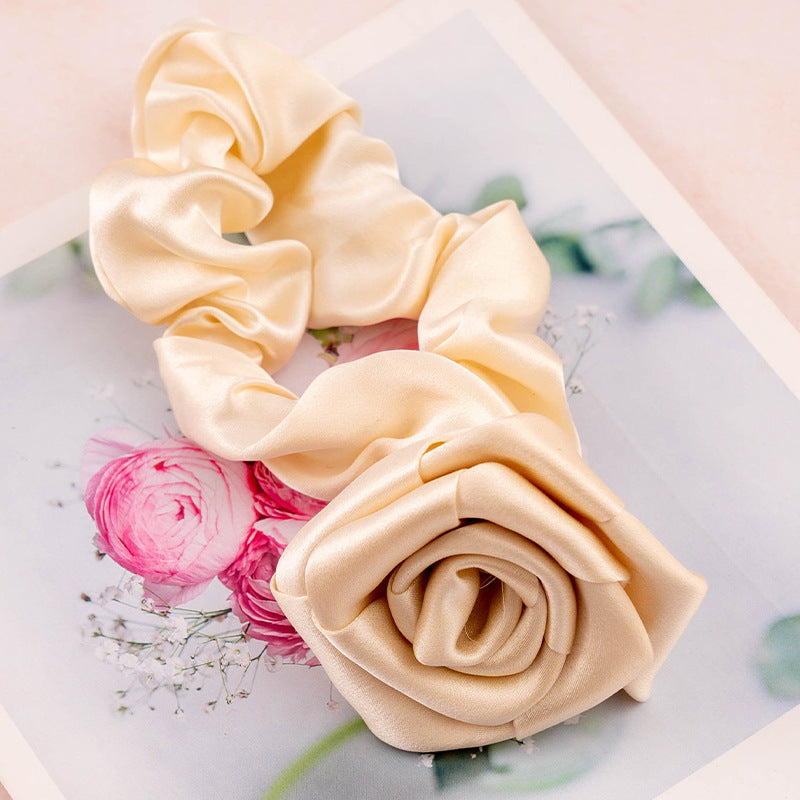 Lavender, light pink, and beige silk rose - shaped scrunchies-6