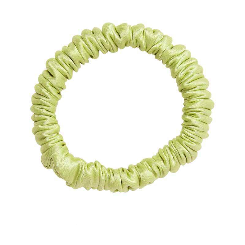 A set of silk scrunchies in black, gray, beige, brown, light blue, pink, and green colors-17