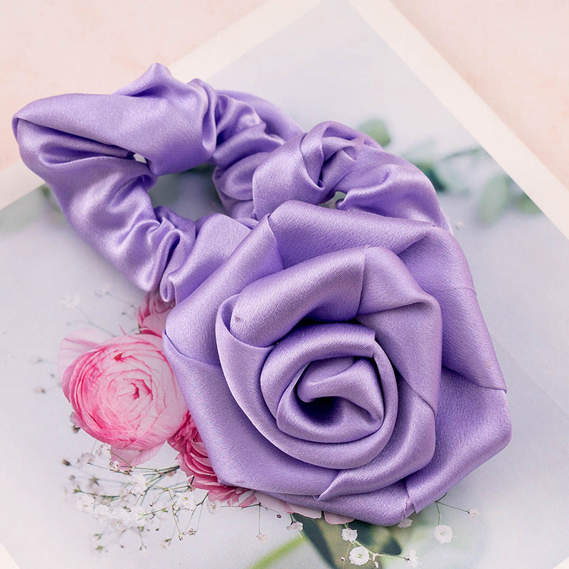 Lavender, light pink, and beige silk rose - shaped scrunchies-7