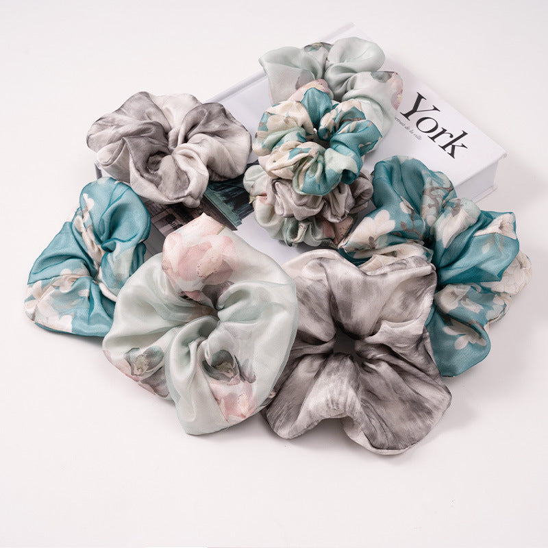 Light gray, pastel green and blue 100% mulberry silk hair scrunchies-2