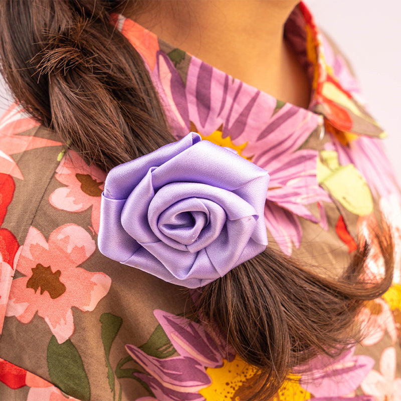 Lavender, light pink, and beige silk rose - shaped scrunchies-2