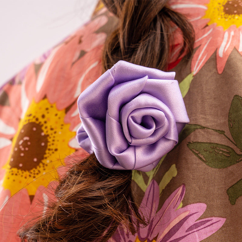 Lavender, light pink, and beige silk rose - shaped scrunchies-3