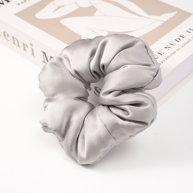 Solid - colored 100% silk scrunchies in beige, light blue, white, red, and black-7