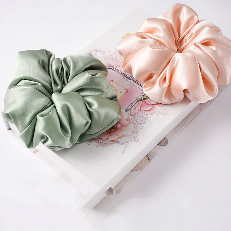 Soft pink, beige, and light gray 100% silk scrunchies-2