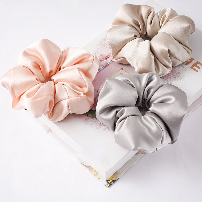Soft pink, beige, and light gray 100% silk scrunchies