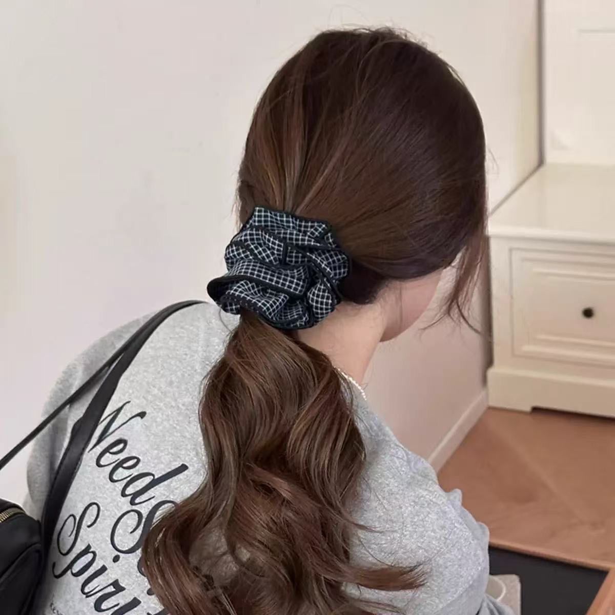 Cotton Houndstooth Double Layer Scrunchie – Fall/Winter Hair Accessory - IGC007