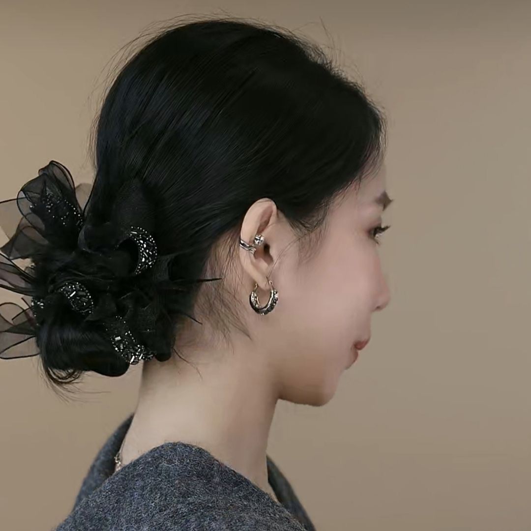 Night Bow Ribbon Scrunchie – Low Bun Hair Tie - IG019